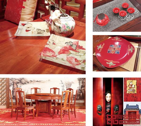 红色象征着吉祥喜庆，在展厅中融入大量红色软装，带有十分美好的幸福寓意